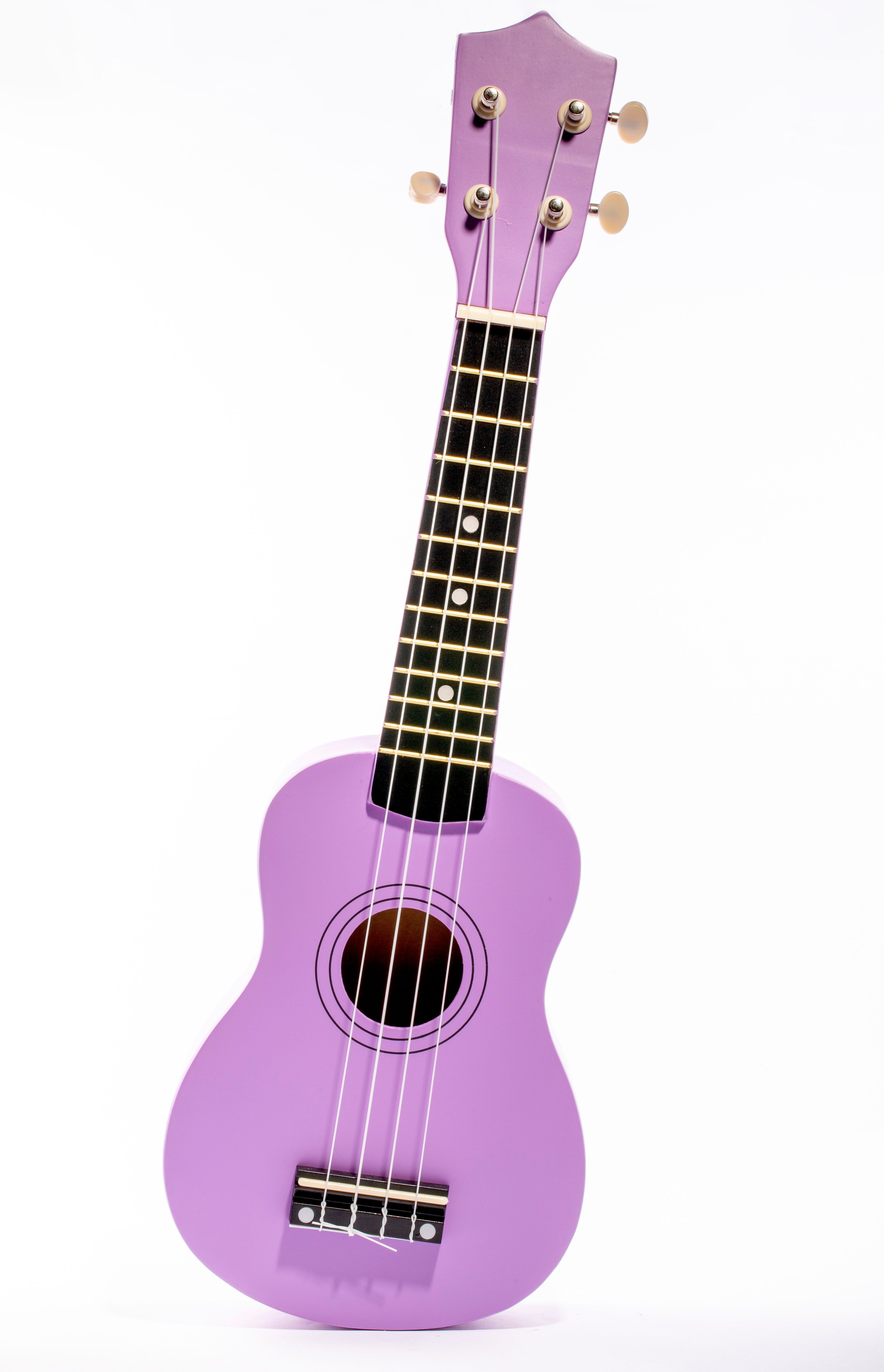 A vibrant purple ukulele isolated on a white background, perfect for music themes.