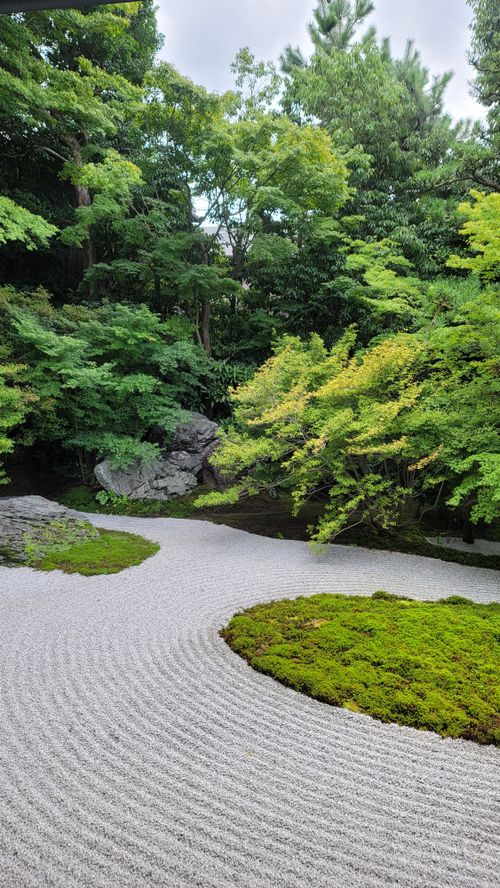 Free Peaceful Japanese Zen garden with gravel patterns and lush green trees. Stock Photo