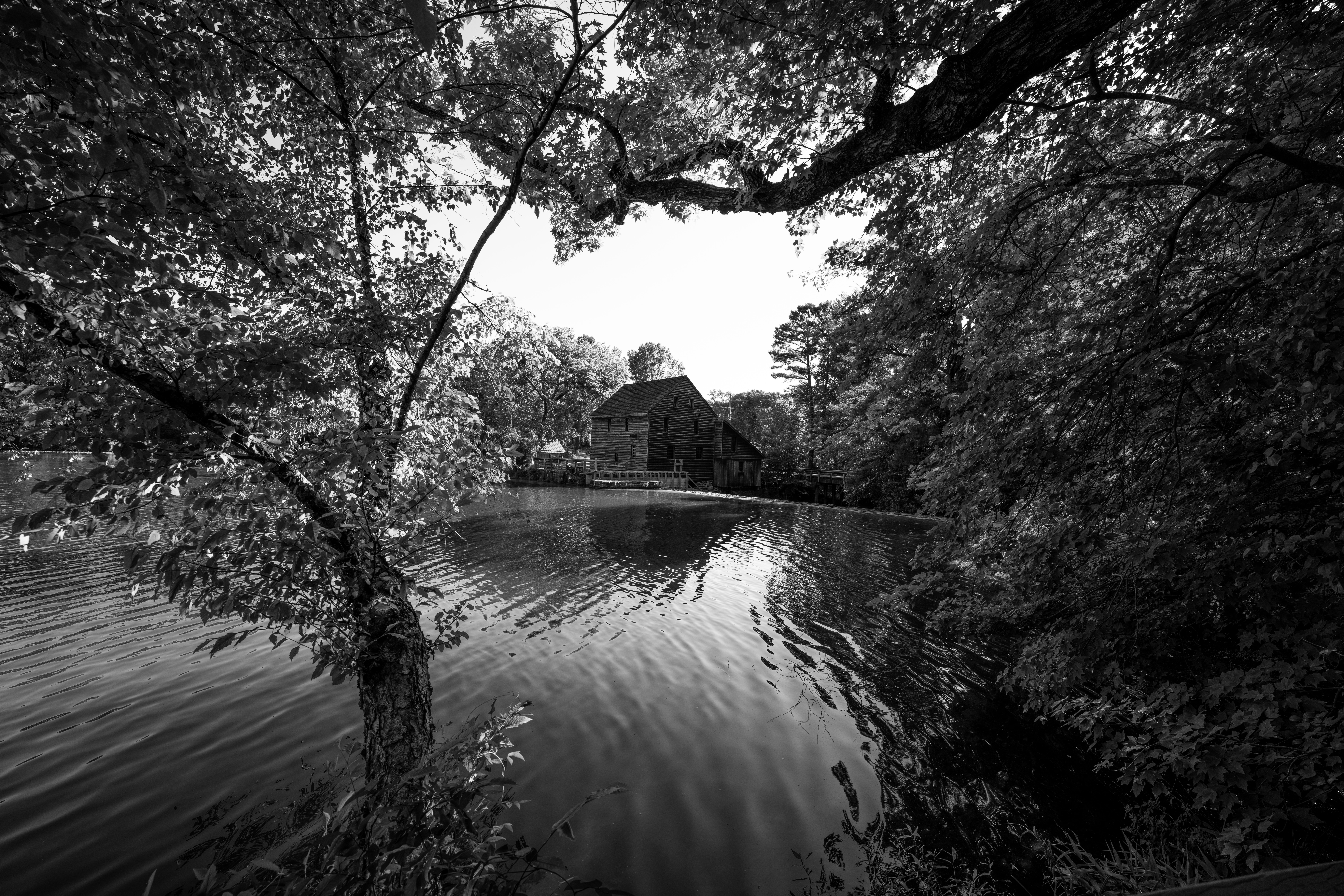 Black and white photo of a historic mill reflected in a lake surrounded by trees in Raleigh.