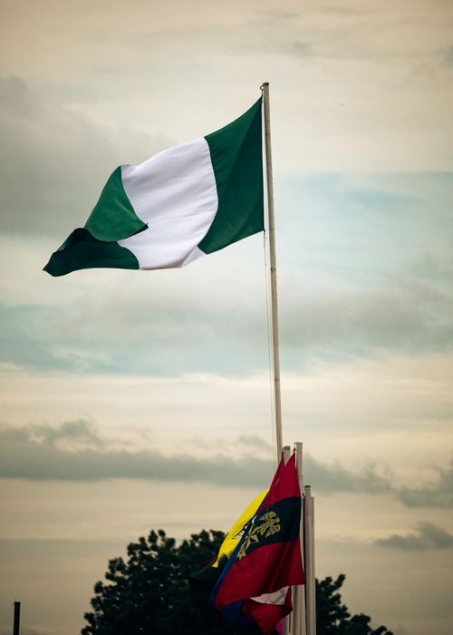 Free A Nigerian flag waving proudly against a cloudy sky, showcasing national pride. Stock Photo