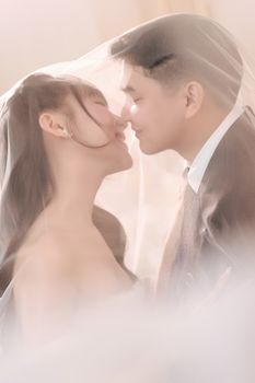 Elegant couple shares a romantic moment under a veil, symbolizing love and unity in a soft, dreamy atmosphere.