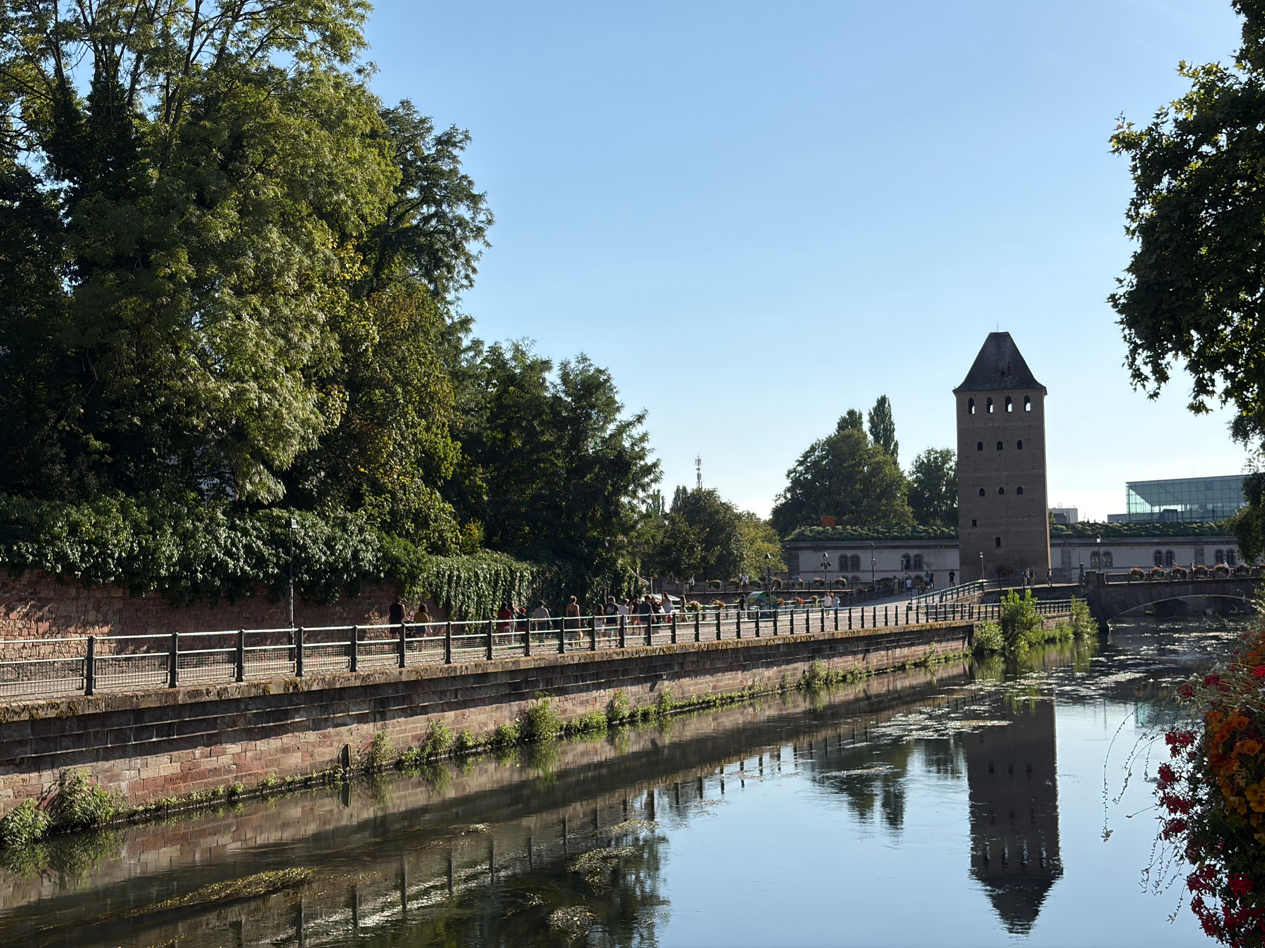 Canal enmarcado por una exuberante vegetación y una torre histórica en Estrasburgo, Francia