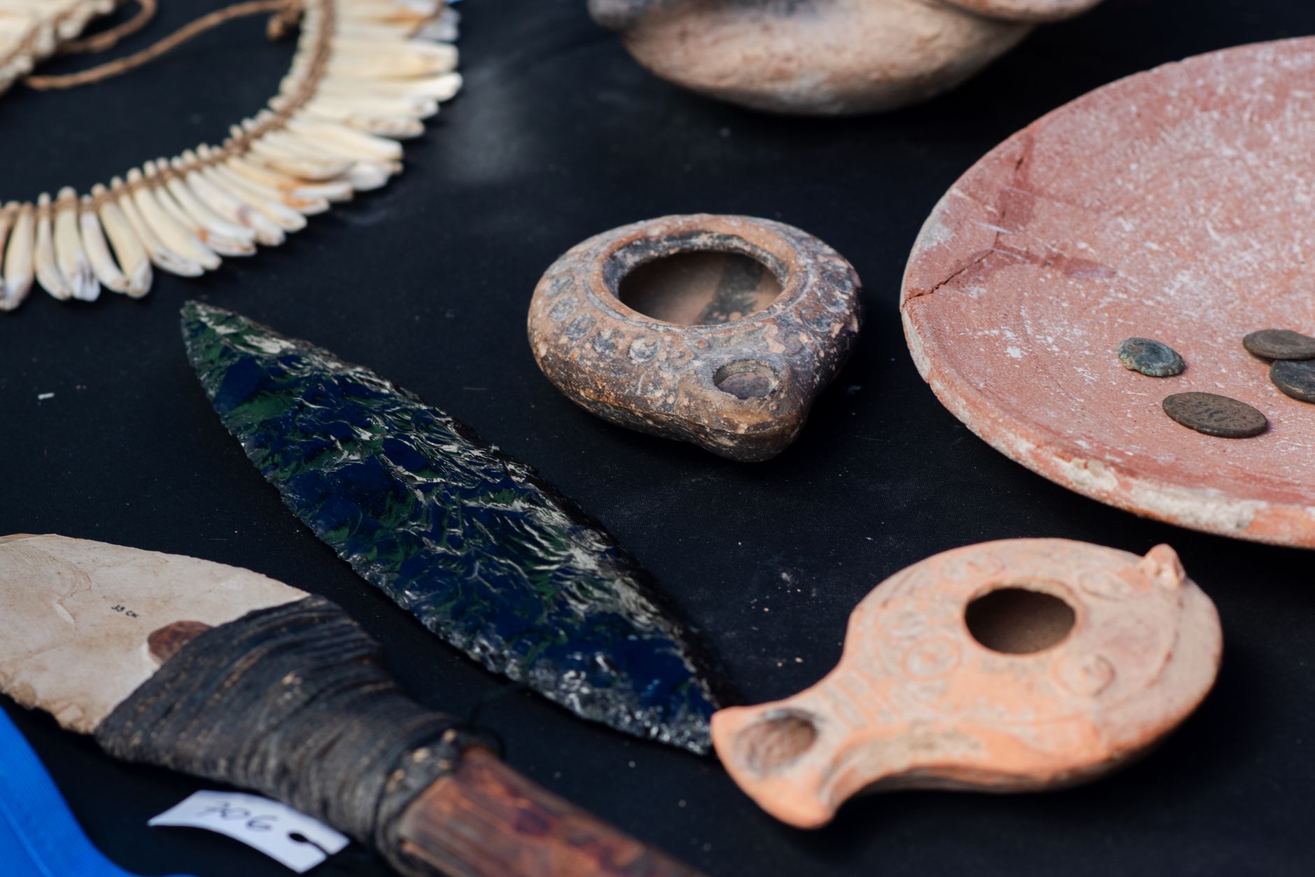 Archaeological pottery showing stylized roosters displayed inside a quiet Indian museum gallery