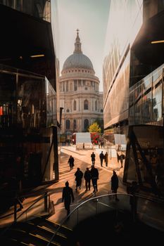 Silhouetted people walk toward St. Paul's Cathedral at sunset from a downtown path.
