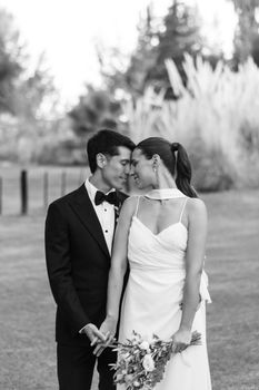 A romantic black and white portrait of a newlywed couple in Mendoza, Argentina.