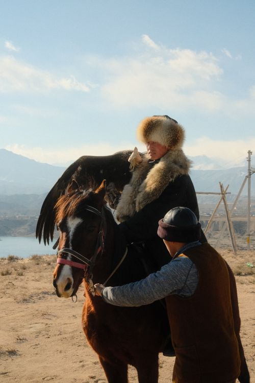 Free A traditional Mongolian falconer sits on horseback with a golden eagle perched on his arm. Stock Photo