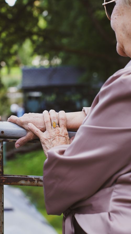 Free An elderly woman in a pink coat enjoys a peaceful park view, leaning on a railing. Stock Photo