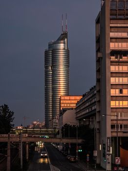 Stunning view of the Vienna skyline with modern architecture at twilight.