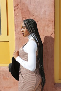 一位梳着辫子的时尚女性在户外一面充满活力的墙壁旁摆姿势