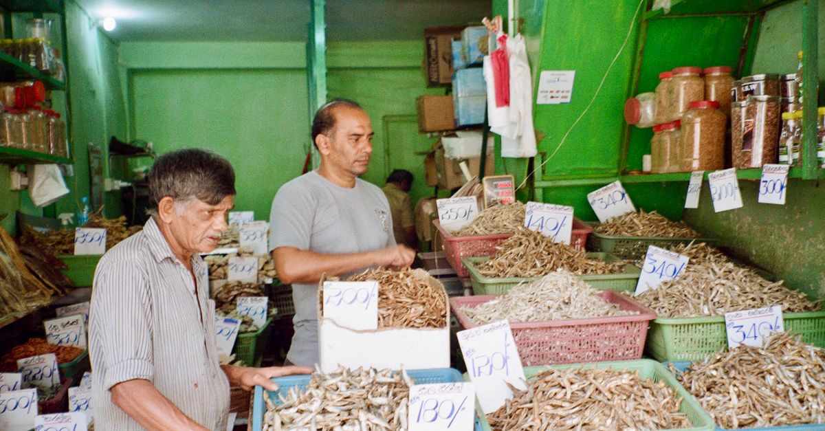 A Sri Lankan market stall showcasing a variety of dried fish displayed in baskets, attended by two vendors.