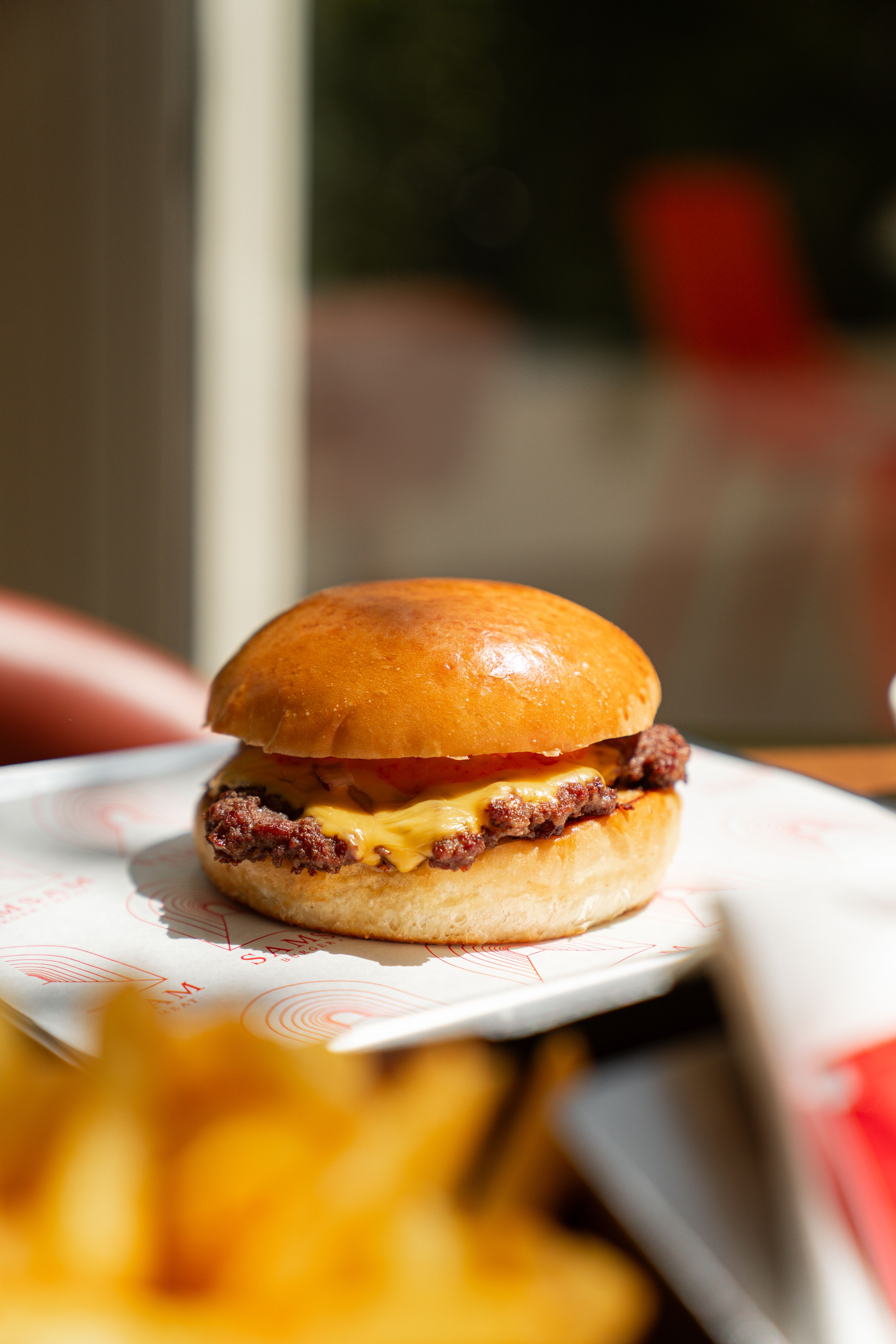 Mouthwatering cheeseburger served with fries, ideal for fast food themes.