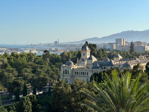 Free Scenic aerial view of Malagueta in Málaga, Spain with lush greenery and cityscape. Stock Photo