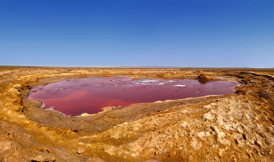 A stunning view of a red sulfur pool in the Danakil Depression, Ethiopia's geological wonder.