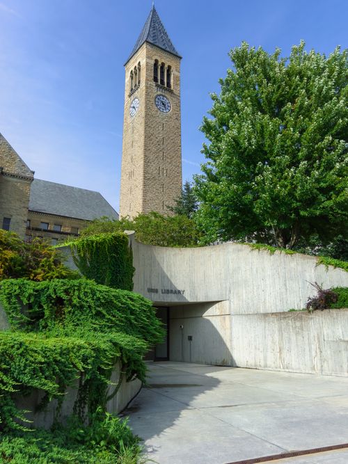 Free View of the iconic McGraw Tower and Uris Library entrance in Ithaca, NY. Stock Photo