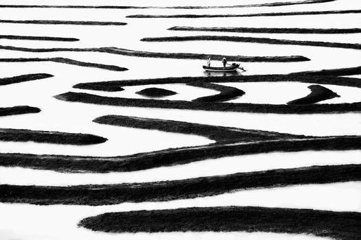 Striking black and white photo of Ningde tidal flats with a boat. Captivating patterns and textures showcase nature's artistry.