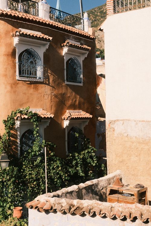 Free Charming Moroccan building with ivy in Chefchaouen under bright daylight. Stock Photo