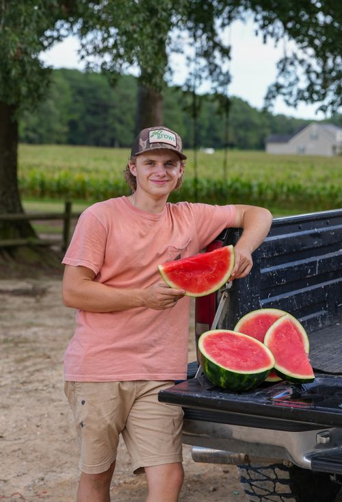 Free A young farmer in casual attire holding a fresh slice of watermelon by a truck on a sunny day. Stock Photo