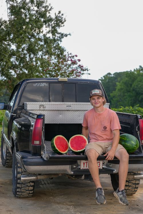 Free Teen sitting on truck with ripe watermelons during summer day. Stock Photo