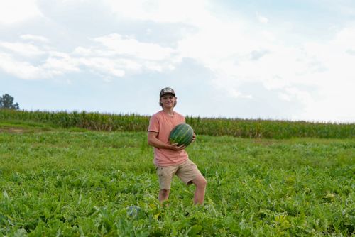 Free A young adult farmer proudly holds a watermelon in a lush green field under a bright sky. Stock Photo