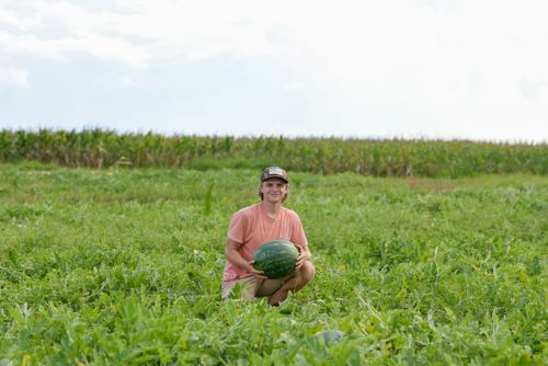 Free A young farmer proudly displays a ripe watermelon in a lush green field. Stock Photo