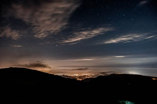 Free A breathtaking view of the starry night sky over the illuminated cityscape of Rize, Turkey. Stock Photo