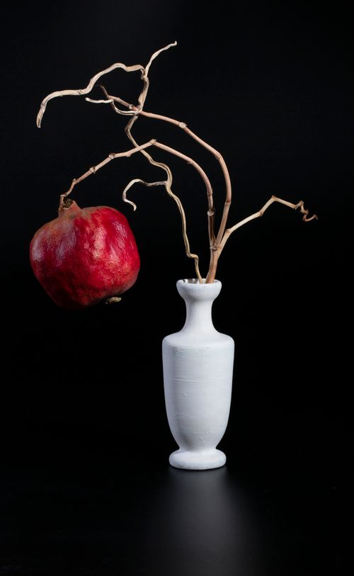 Free Artistic still life featuring a pomegranate and branches in a white vase against a dark background. Stock Photo
