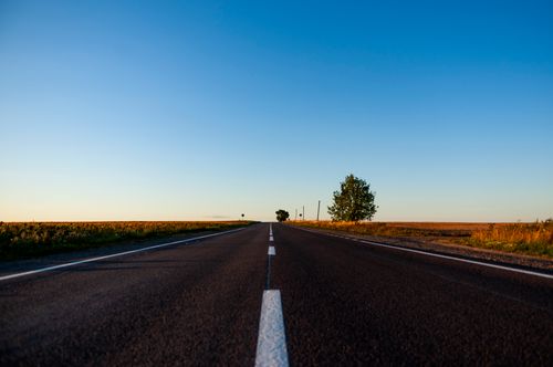 Free Empty rural highway under a clear blue sky with a lone tree by the roadside in Ukraine. Stock Photo