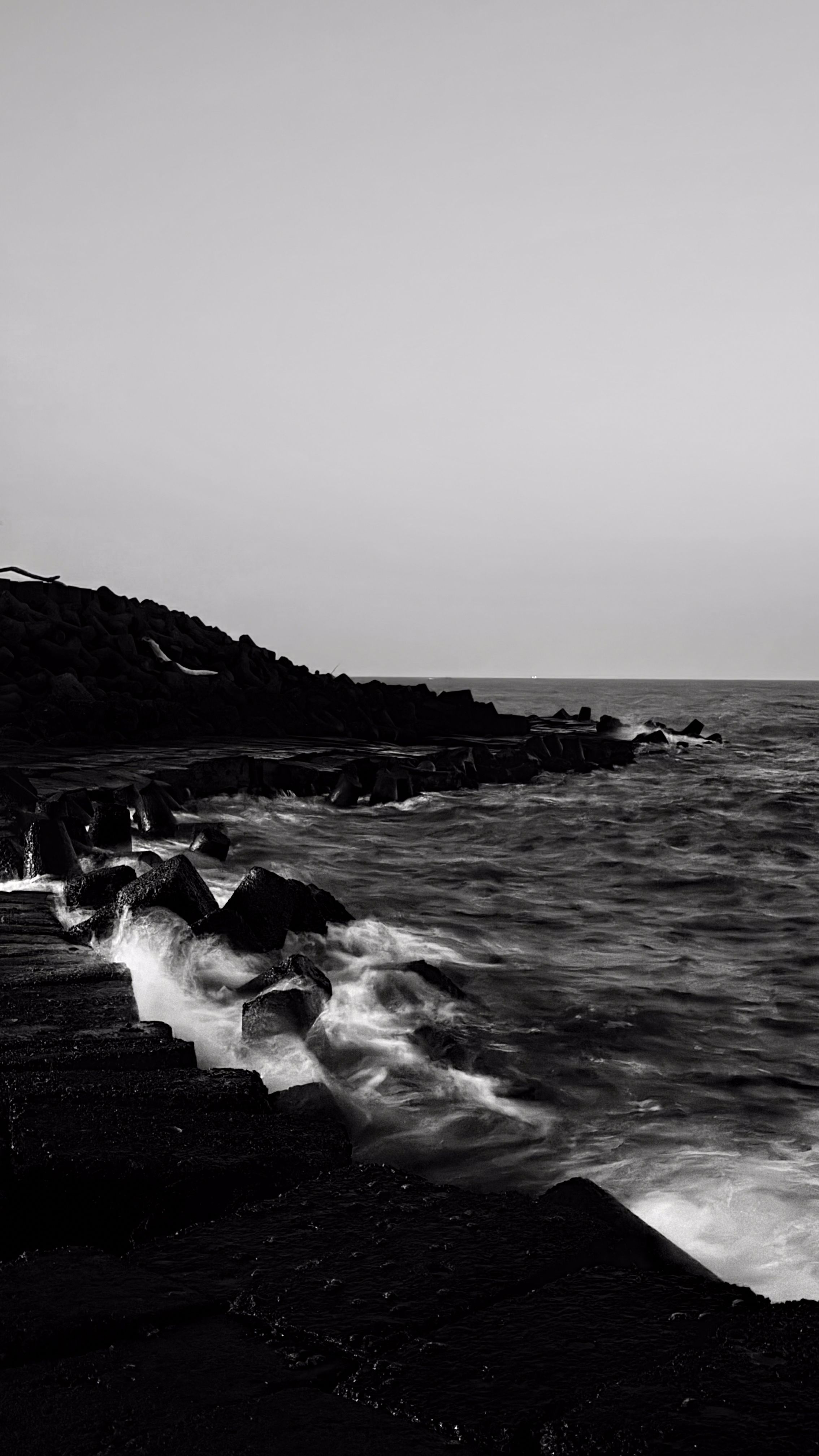 Fotomural Escena costera en blanco y negro de Goa, con olas rompiendo contra las rocas.