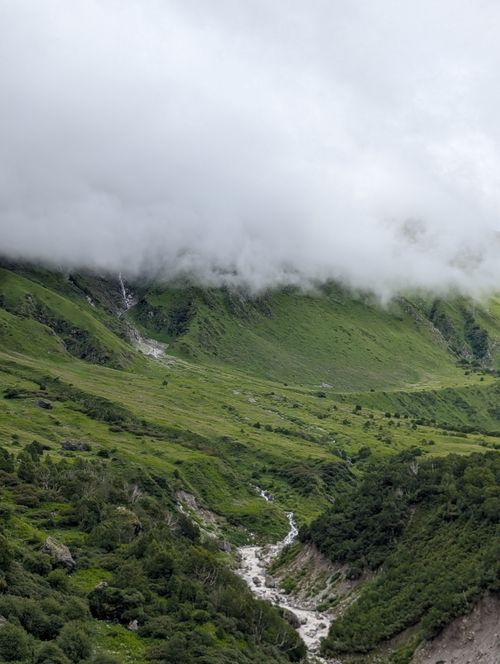 Free Captivating view of a lush green Himalayan valley shrouded in clouds, showcasing nature's serene beauty. Stock Photo
