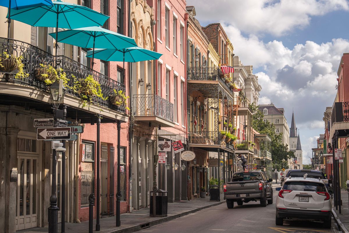 Cast-iron balconies on a French Quarter street in New Orleans