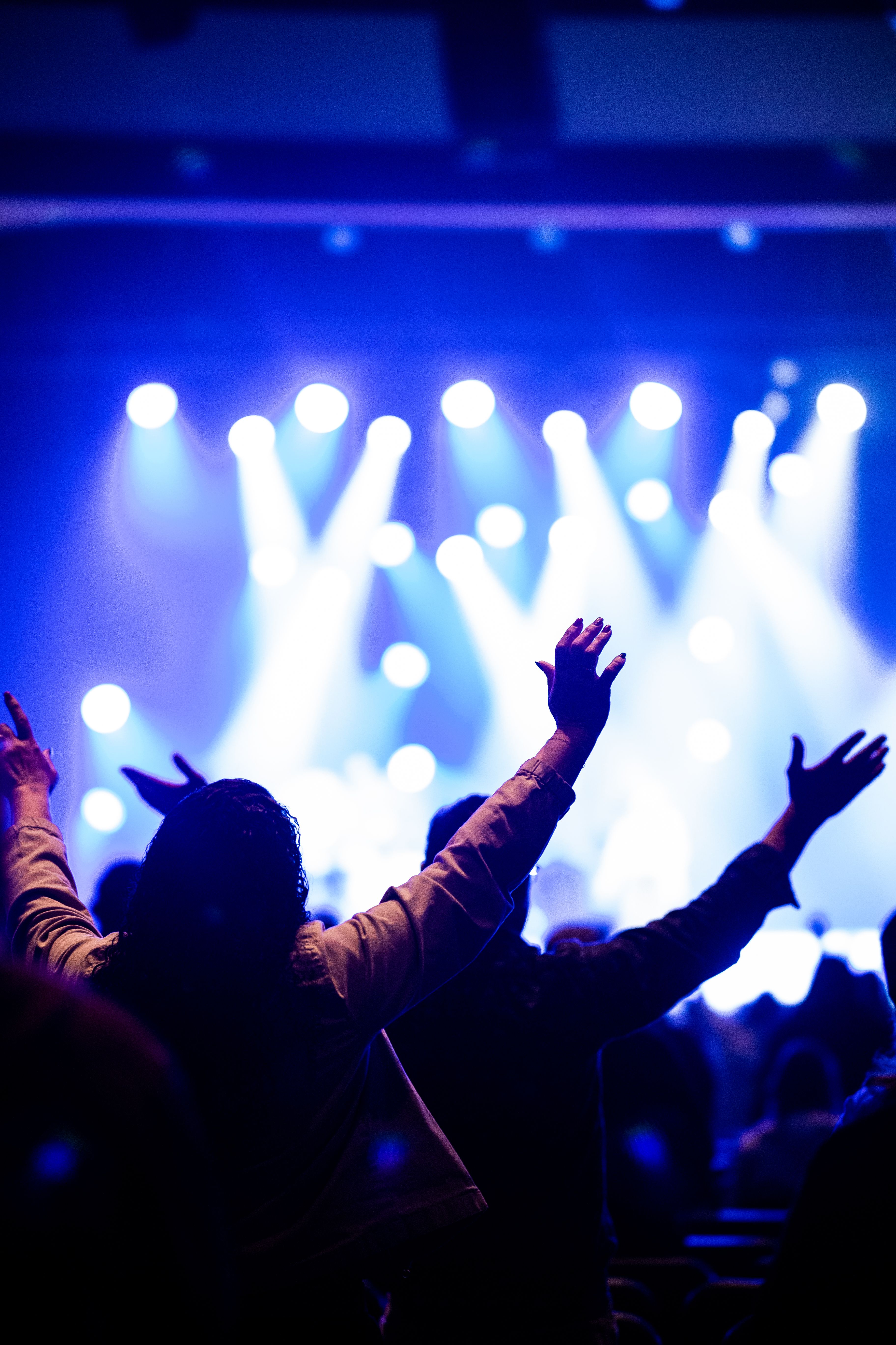 Fotomural Siluetas de multitud en un concierto de música en vivo con una iluminación de escenario vibrante que crea un ambiente animado.