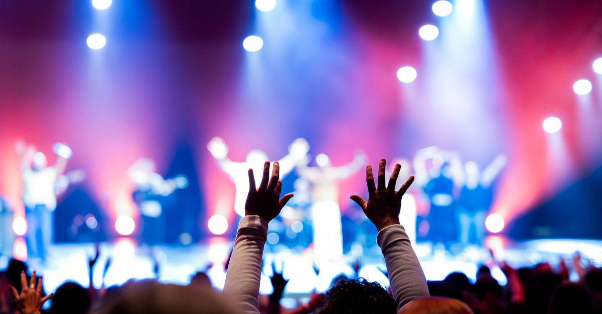 crowd of fans with hands raised at a live concert under stage lights