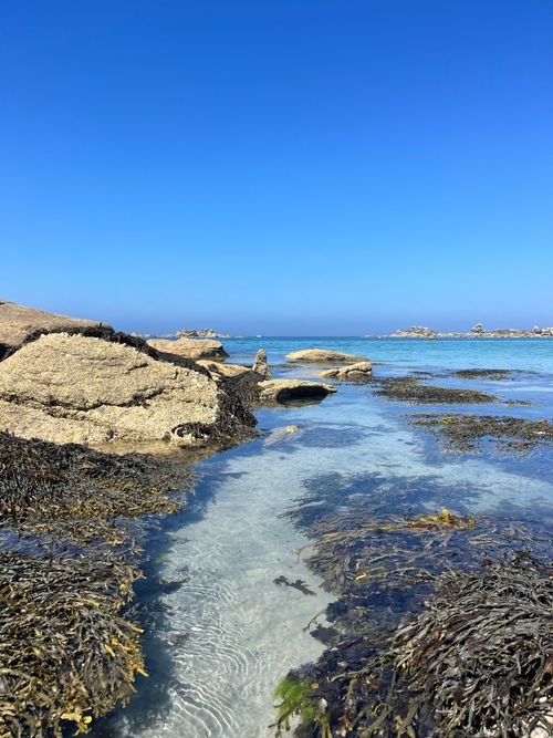 Free Clear blue waters and rocky shore of Kerlouan, Bretagne, under a bright sky. Stock Photo