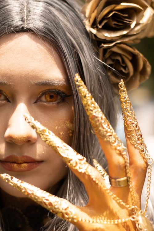 Free Close-up of an artistic gothic cosplay with gold makeup and accessories in Mexico City. Stock Photo