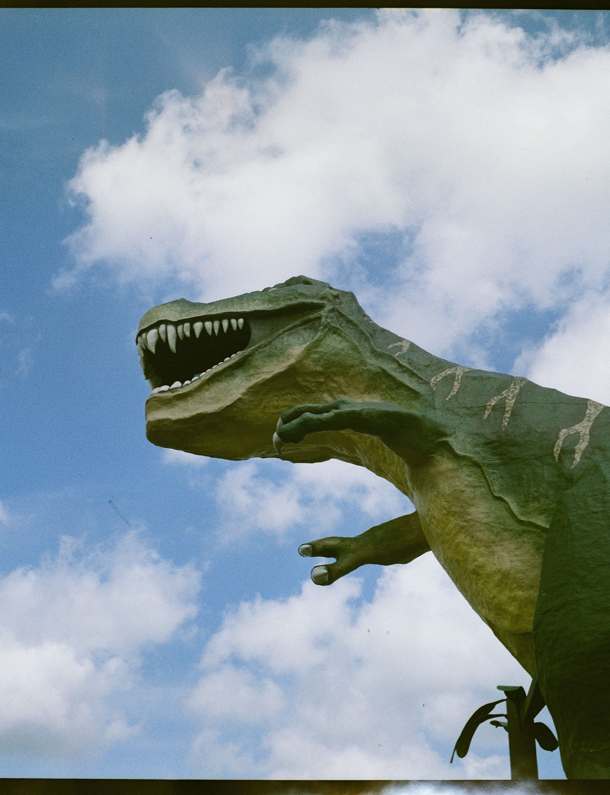 Majestic Tyrannosaurus Rex statue under a blue sky, located in Drumheller, Alberta, Canada.