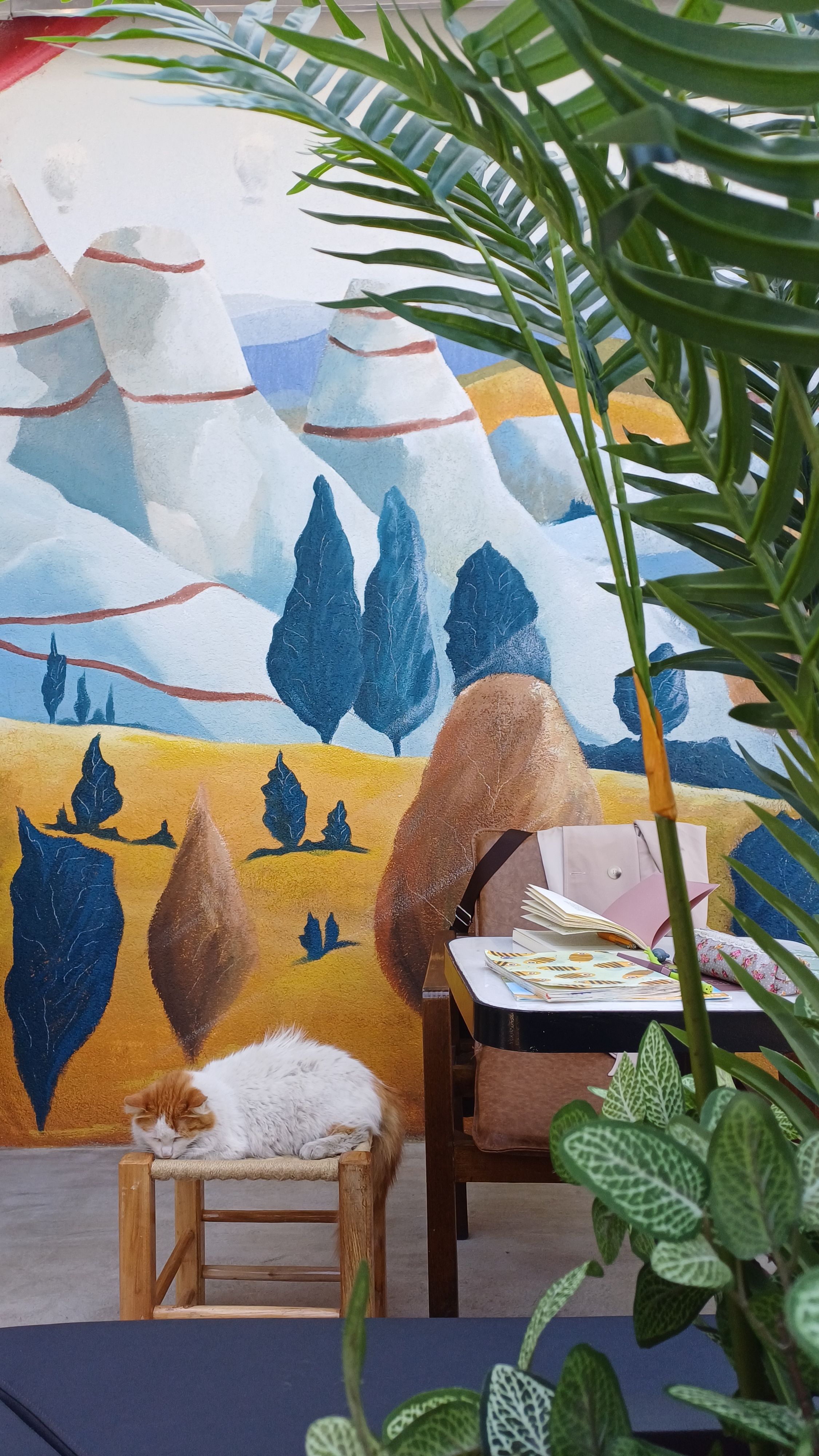 A serene indoor space featuring a sleeping cat, a vibrant mural, and lush plants.