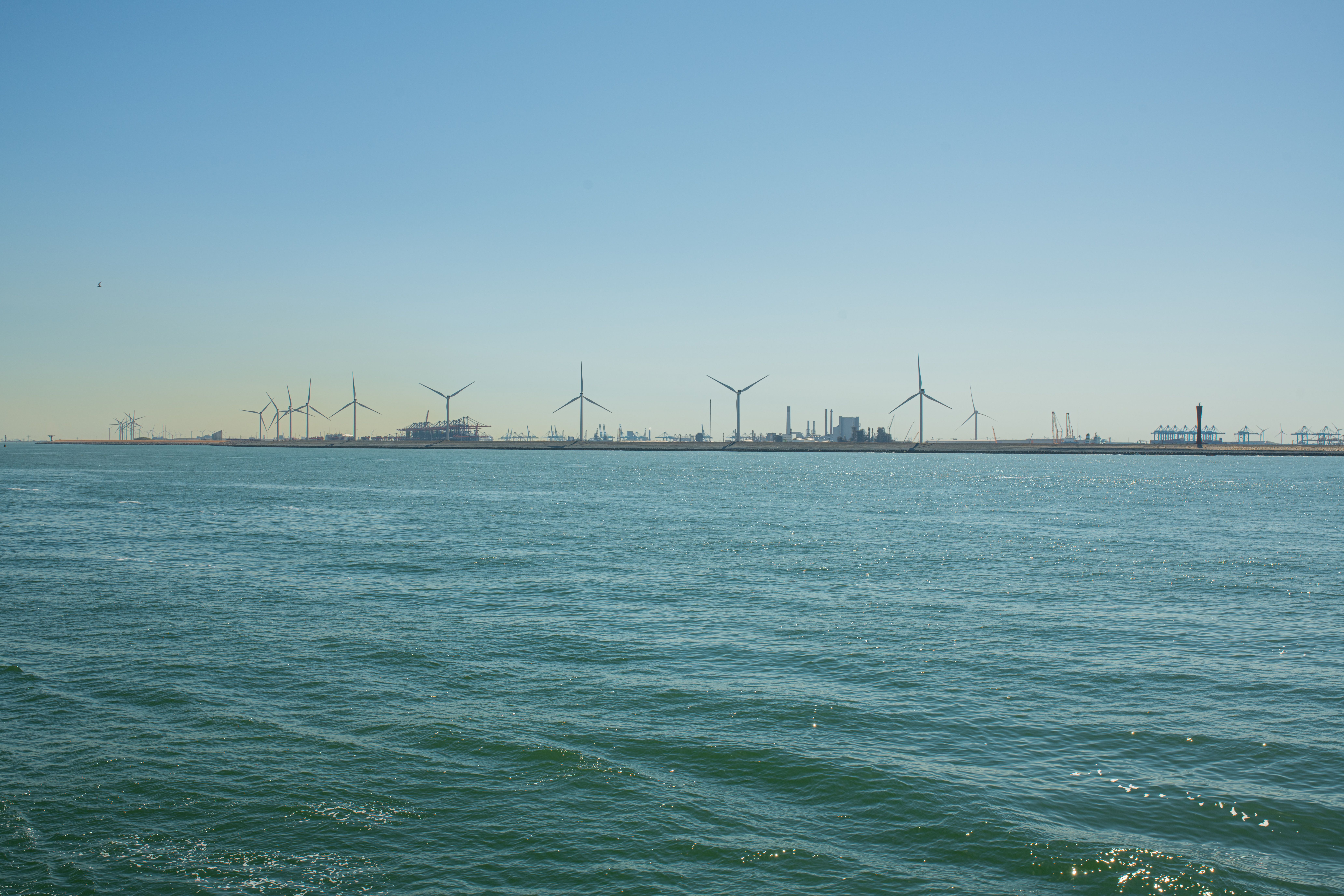 Panoramic coastal wind farm with clear skies and blue ocean.