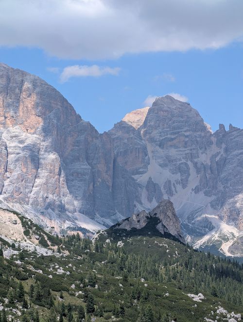 Free Breathtaking view of the Dolomites under a clear blue sky, showcasing rugged mountainous beauty. Stock Photo