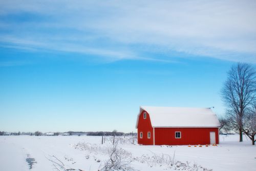 Free Red barn in a snowy rural landscape under a clear blue sky, capturing winter tranquility. Stock Photo