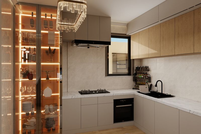 Elegant modern kitchen featuring sleek cabinetry, stylish chandelier, and illuminated display shelves.