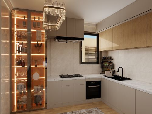 Free Elegant modern kitchen featuring sleek cabinetry, stylish chandelier, and illuminated display shelves. Stock Photo
