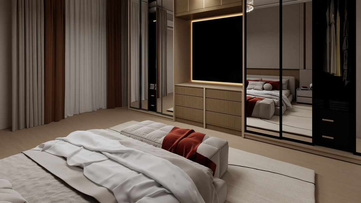 Minimalist bedroom with a large round modern mirror
