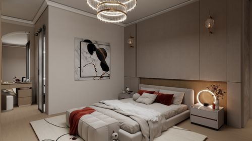 Free Stylish modern bedroom with elegant design and luxurious furnishings. Perfect for contemporary living. Stock Photo