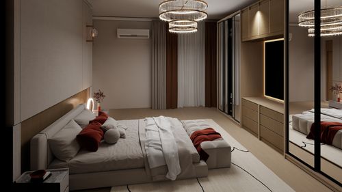 Free Stylish modern bedroom featuring elegant lighting and minimalist decor. Stock Photo