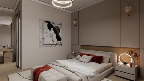 Free Stylish and cozy bedroom with modern decor and ambient lighting for comfort and relaxation. Stock Photo