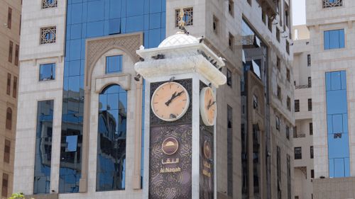 Free Close-up of Al Naqah Clock Tower in Madinah with ornate Islamic details. Stock Photo