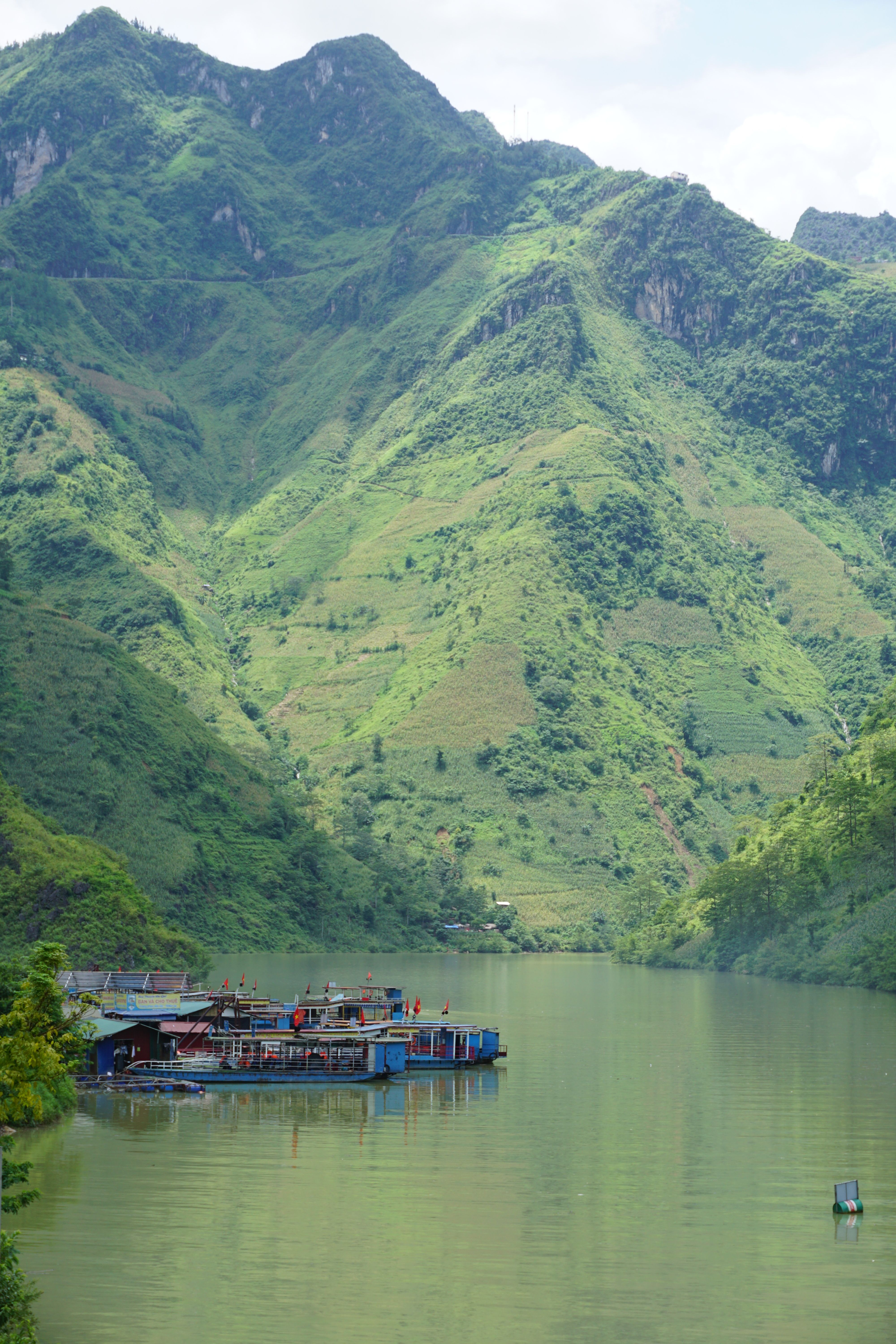 A picturesque landscape of the Nho Que River surrounded by lush green karst mountains in Vietnam.
