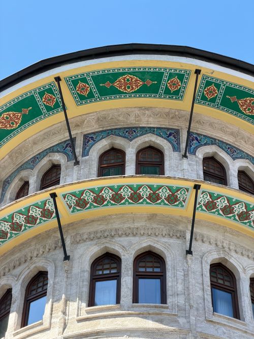 Free Close-up view of a historical building's ornate facade with colorful geometric decorations in Istanbul. Stock Photo