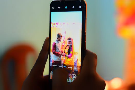 Close-up of a smartphone screen capturing a traditional wedding scene indoors.