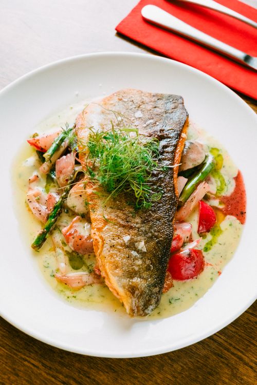 Free Delicious grilled salmon served with fresh vegetables and herbs, a perfect gourmet meal. Stock Photo